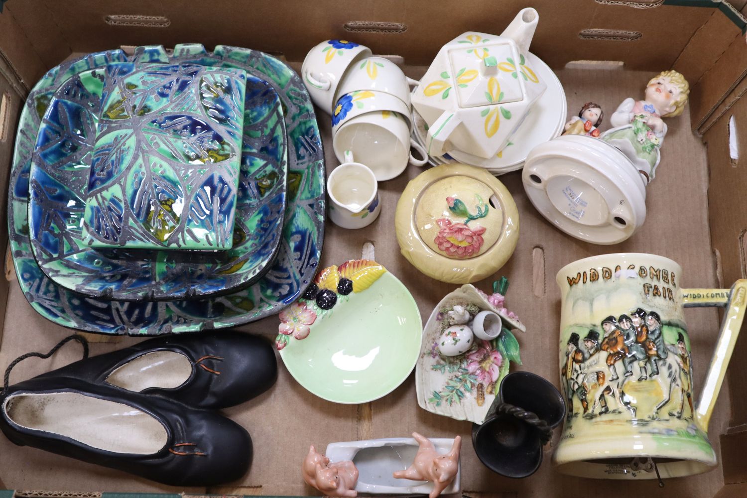 A Crown Devon musical mug, a Hancocks Art Deco part tea set and mixed decorative ceramics